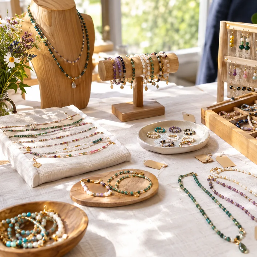 Craft fair table with beaded jewelry